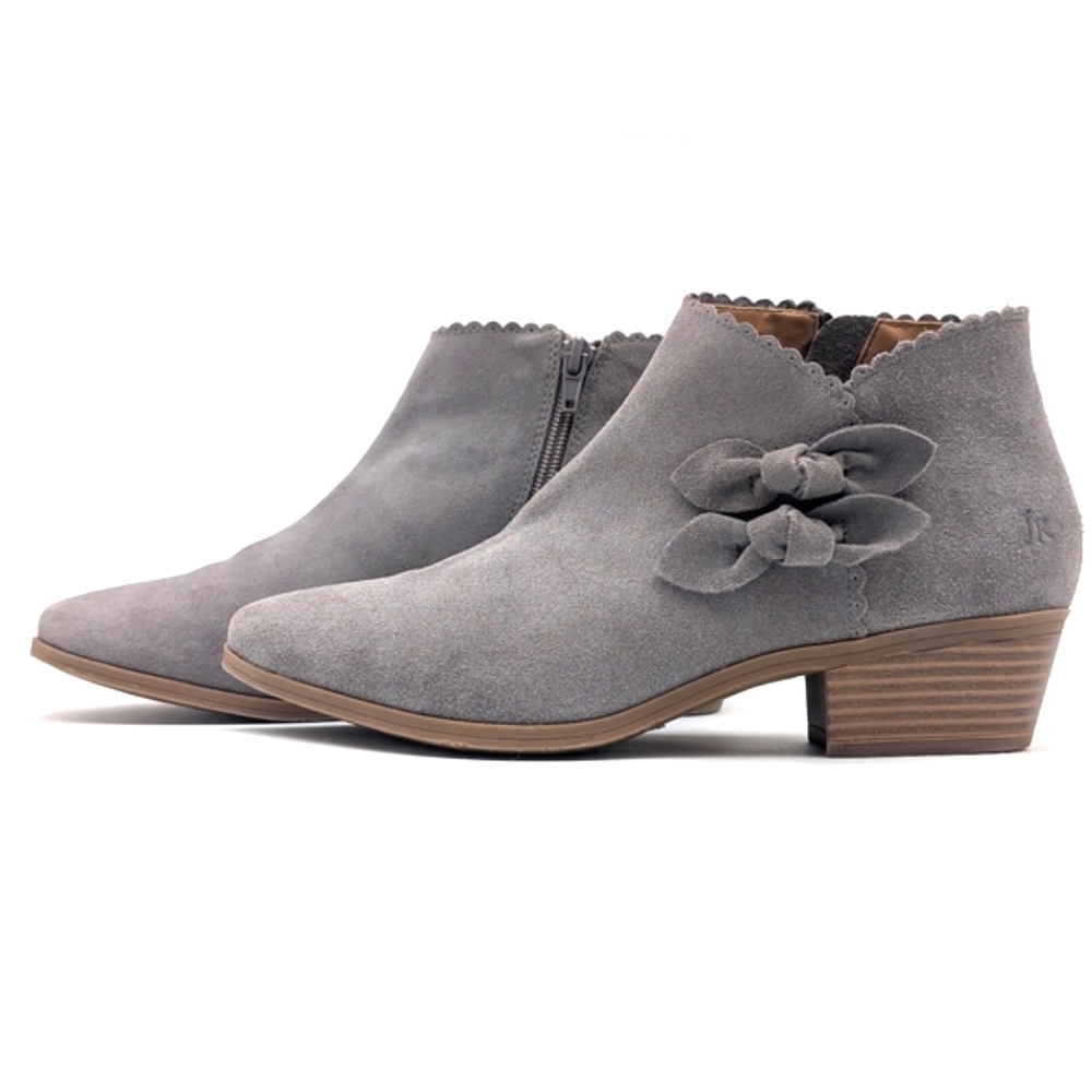 Jack Rogers Kali Grey Suede Ankle Bootie Sz US 7.5M/EU 38 Scalloped Trim withBow - Picture 7 of 17